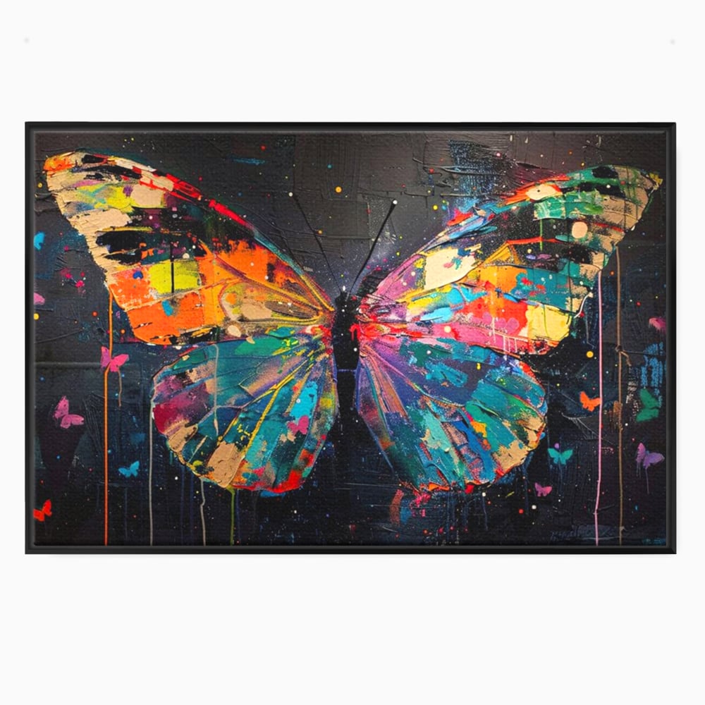 Tablou canvas cu tablou canvas cu fluture multicolor, in rama de aluminiu negru